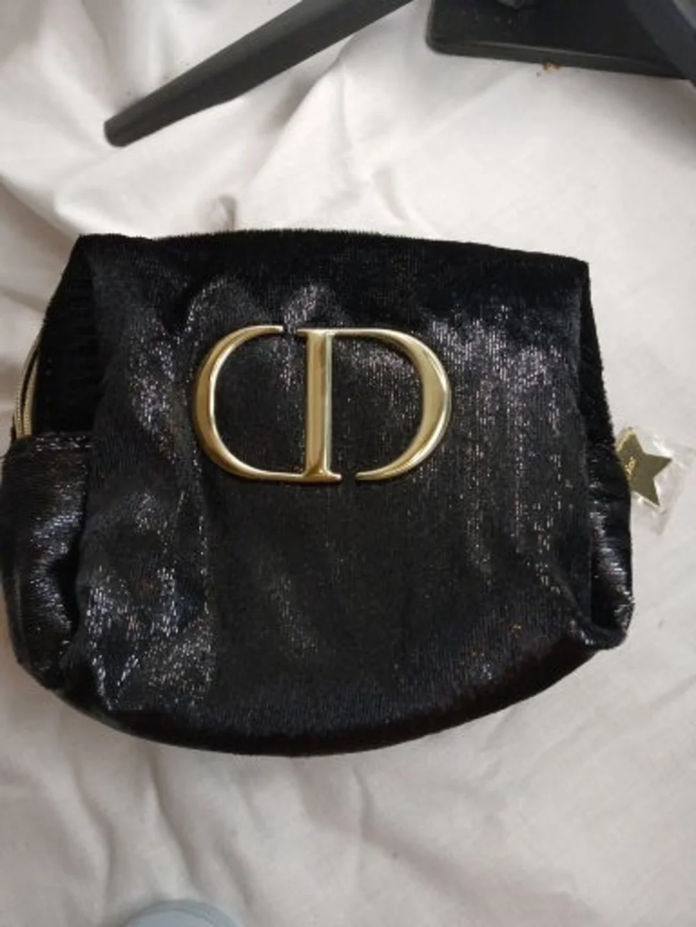 Dior Beauty Black Velour Sparkling Cosmetic Bag with Gold CD Emblem New In Box